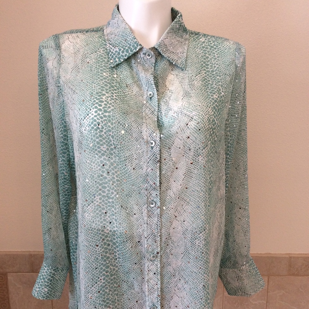 1X Green/white Blouse with Silver Dot Accents